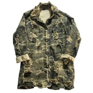 Fashion Nova Camo Jacket Distressed Ripped Military Button Down Green Size XSS